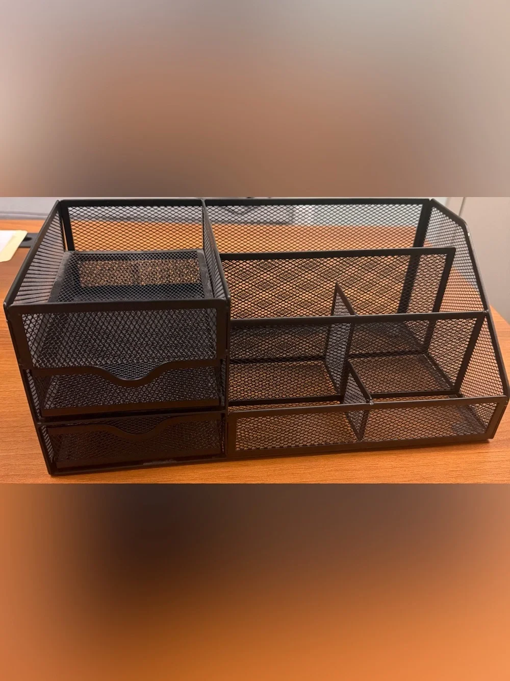 Black Metal Mesh Office Desktop Organizer with Drawers & Multiple Compartments